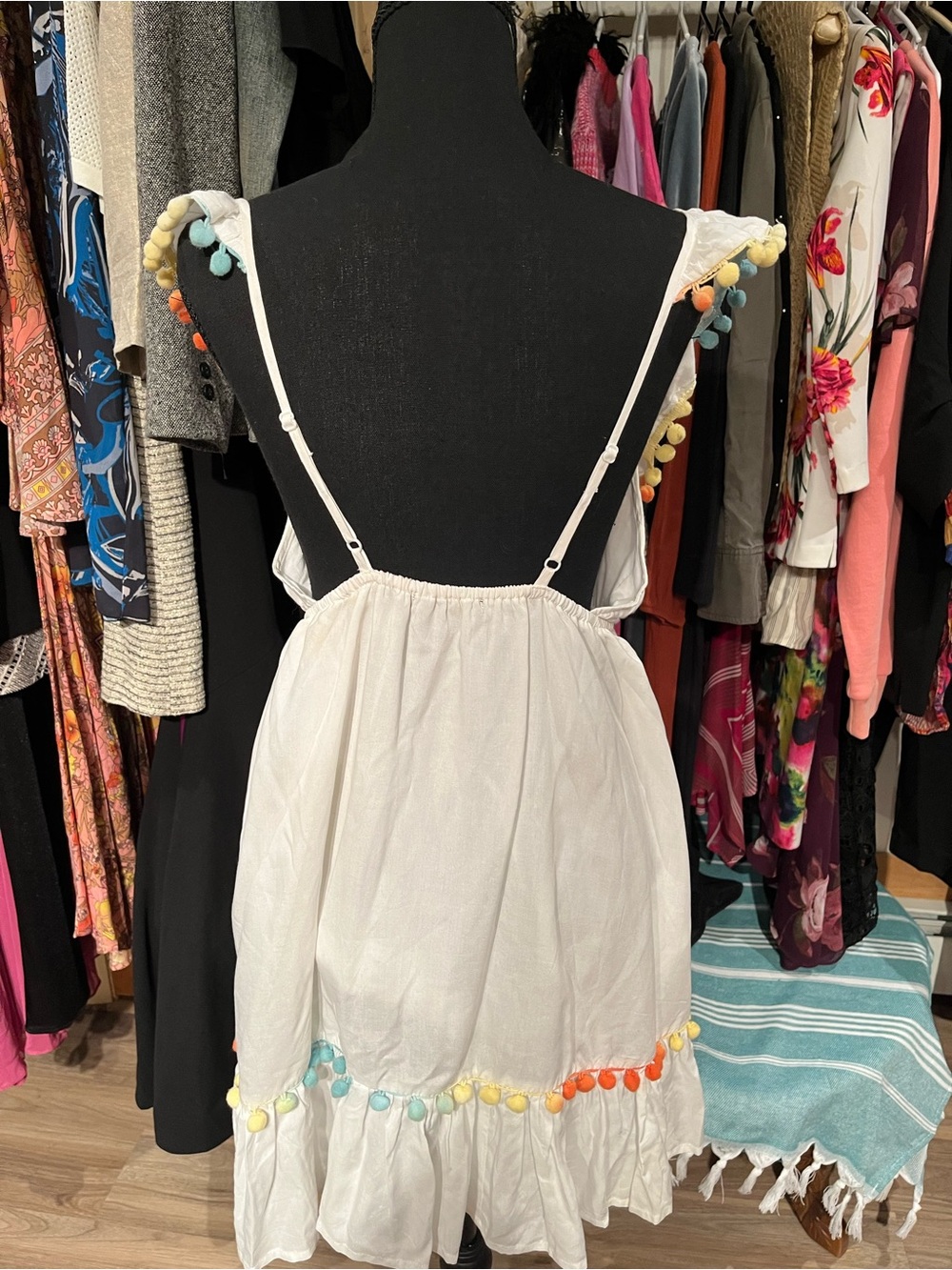 White Pom-Pom Trim Midi Dress - Casual Summer Style - Picture 5 of 5